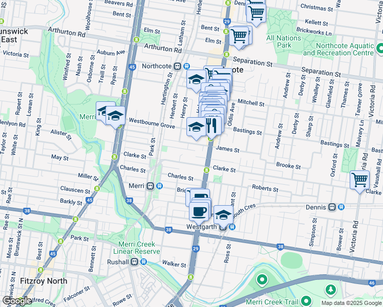 map of restaurants, bars, coffee shops, grocery stores, and more near 1A Campbell Grove in Northcote