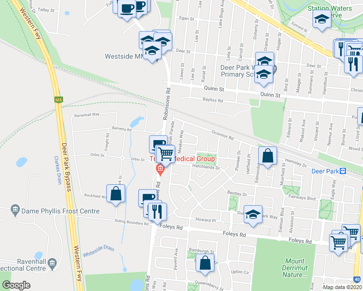 map of restaurants, bars, coffee shops, grocery stores, and more near 20 Meakin Way in Deer Park