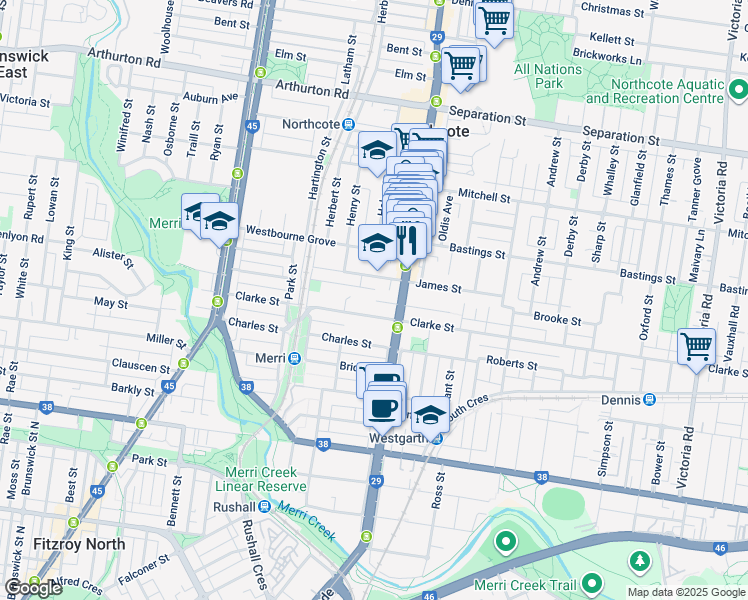 map of restaurants, bars, coffee shops, grocery stores, and more near 1A Campbell Grove in Northcote