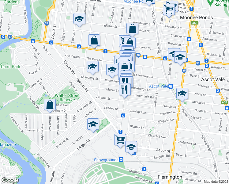 map of restaurants, bars, coffee shops, grocery stores, and more near 13-15 Munro Street in Ascot Vale