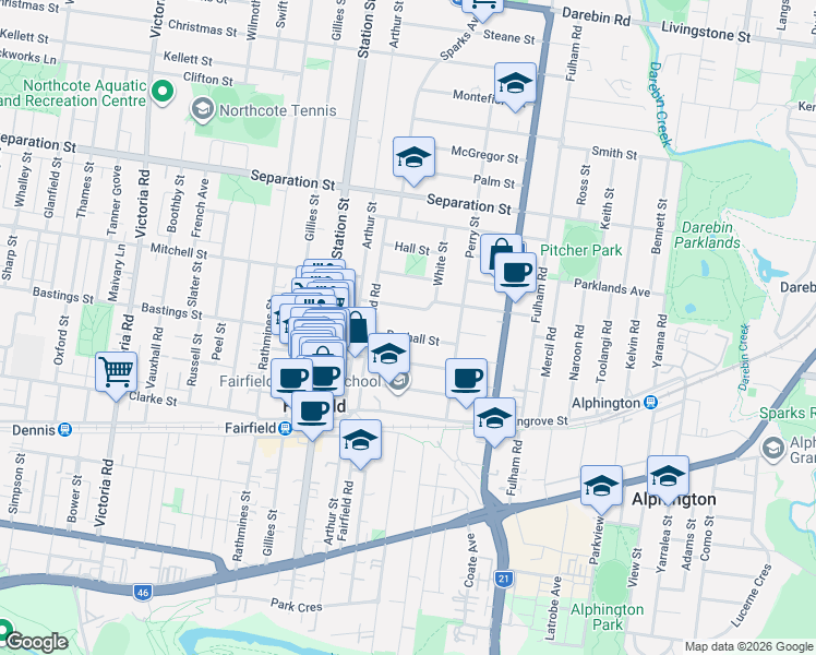 map of restaurants, bars, coffee shops, grocery stores, and more near 24 Rushall Street in Fairfield