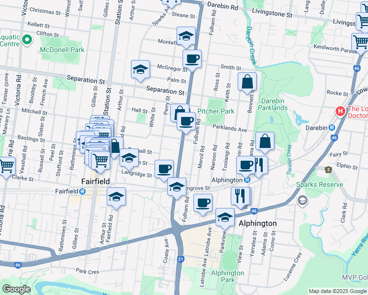 map of restaurants, bars, coffee shops, grocery stores, and more near 64 Grange Road in Alphington