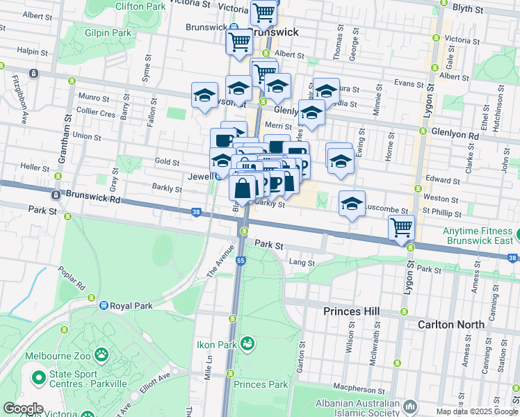map of restaurants, bars, coffee shops, grocery stores, and more near 272 Barkly Street in Brunswick