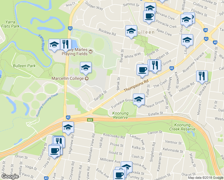 map of restaurants, bars, coffee shops, grocery stores, and more near 34 Sandra Street in Manningham