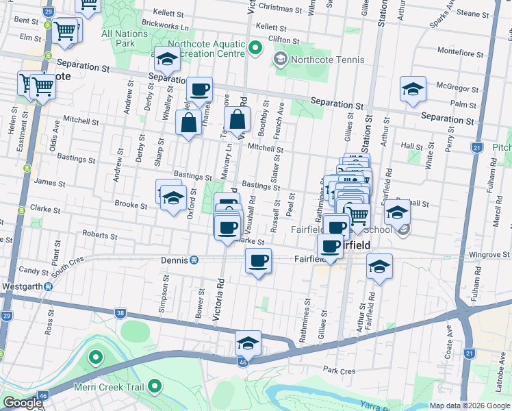 map of restaurants, bars, coffee shops, grocery stores, and more near 22 Vauxhall Road in Northcote