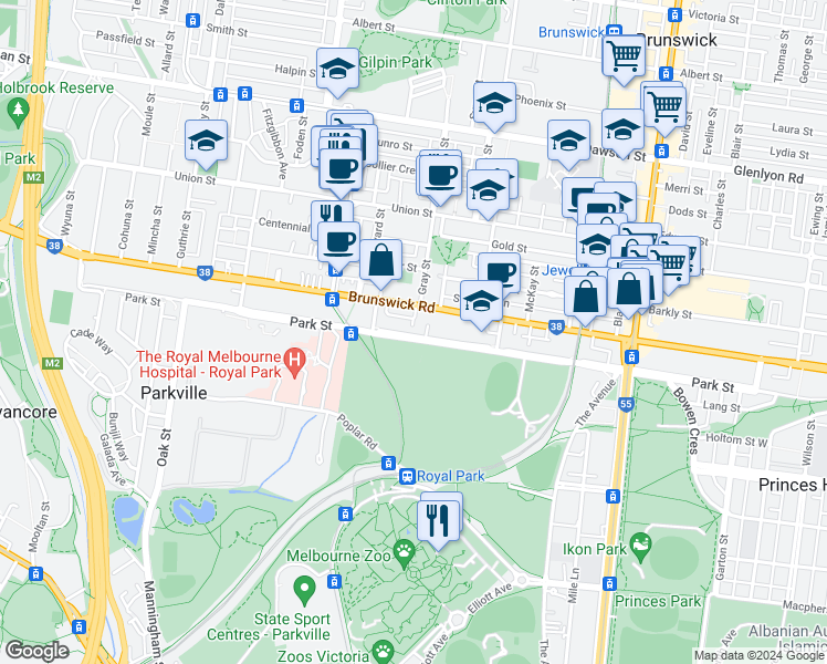 map of restaurants, bars, coffee shops, grocery stores, and more near 829 Park Street in Brunswick