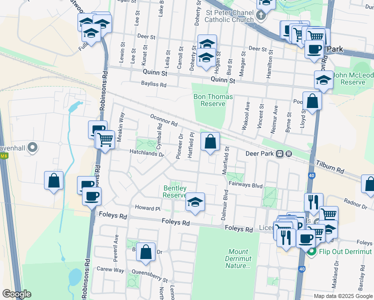 map of restaurants, bars, coffee shops, grocery stores, and more near 25 Hatfield Place in Deer Park