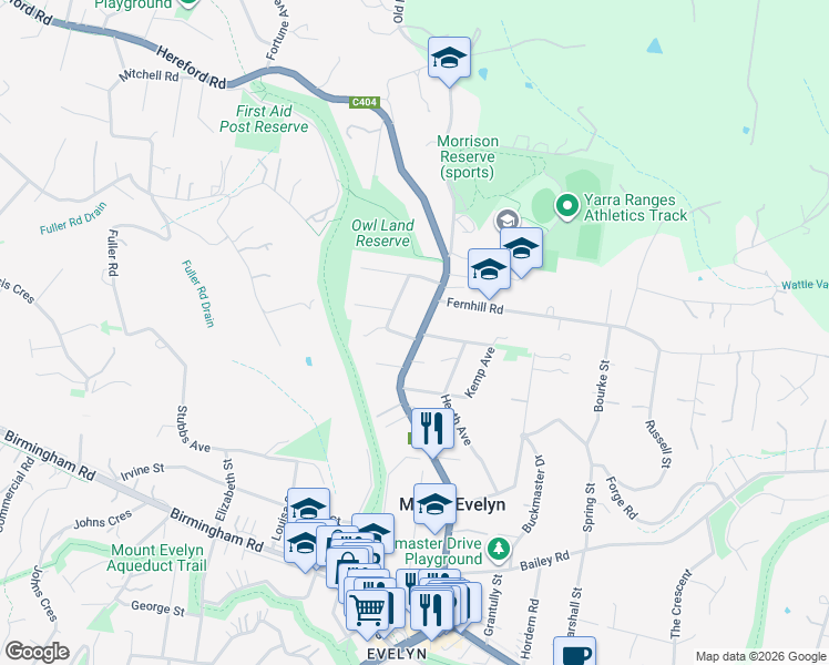 map of restaurants, bars, coffee shops, grocery stores, and more near 2 Bradman Avenue in Mount Evelyn
