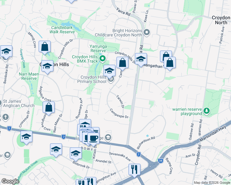 map of restaurants, bars, coffee shops, grocery stores, and more near 30 Tarwin Drive in Croydon Hills