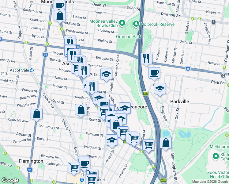 map of restaurants, bars, coffee shops, grocery stores, and more near 84 Baroda Street in Travancore