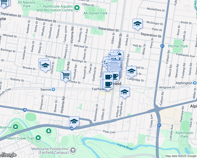 map of restaurants, bars, coffee shops, grocery stores, and more near 74 Rathmines Street in Fairfield