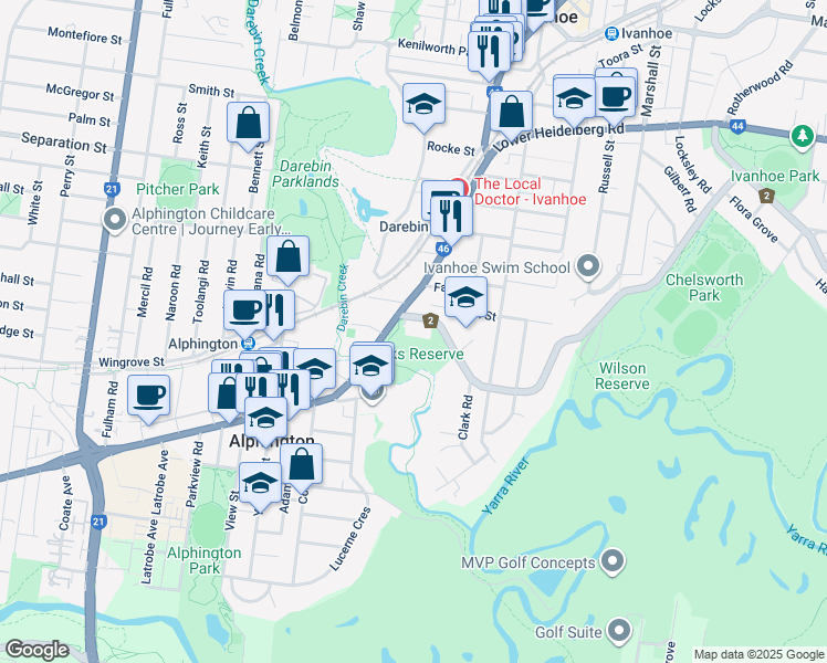 map of restaurants, bars, coffee shops, grocery stores, and more near 2 The Boulevard in Ivanhoe