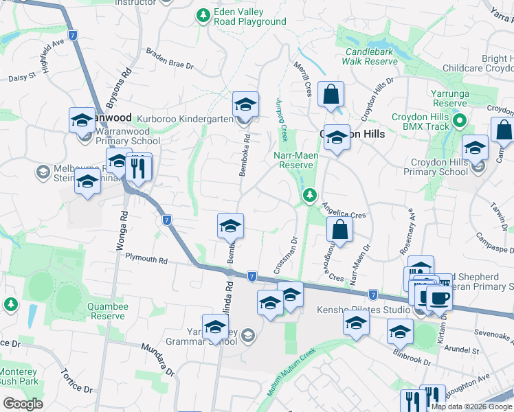 map of restaurants, bars, coffee shops, grocery stores, and more near 14 Grose Court in Croydon Hills
