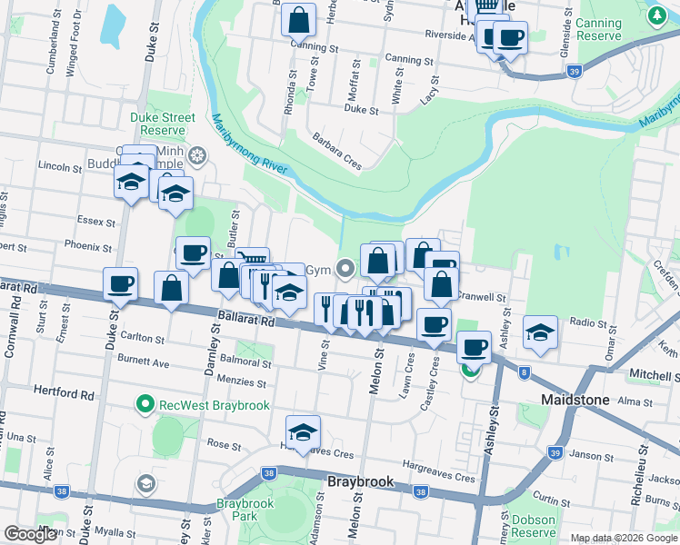 map of restaurants, bars, coffee shops, grocery stores, and more near Cranwell Street in Braybrook