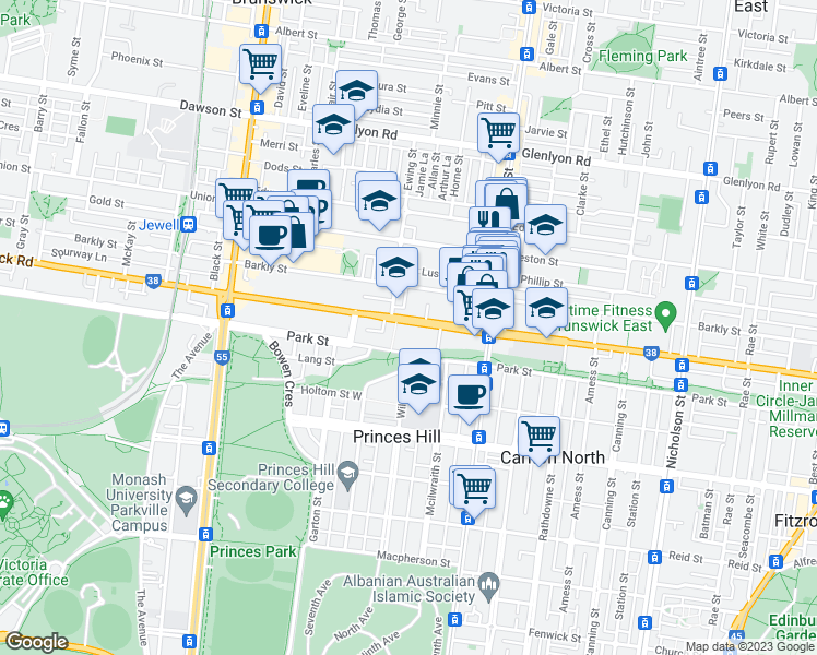 map of restaurants, bars, coffee shops, grocery stores, and more near 92 Brunswick Road in Brunswick