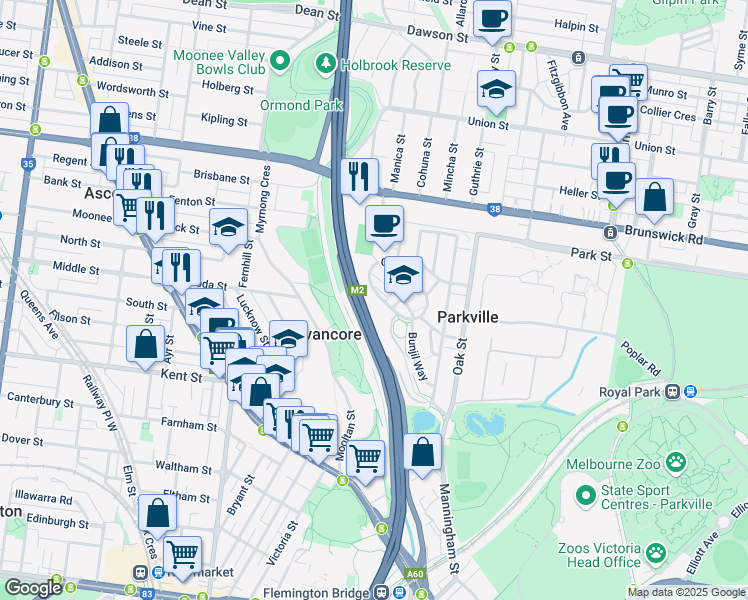 map of restaurants, bars, coffee shops, grocery stores, and more near 90 Cade Way in Parkville