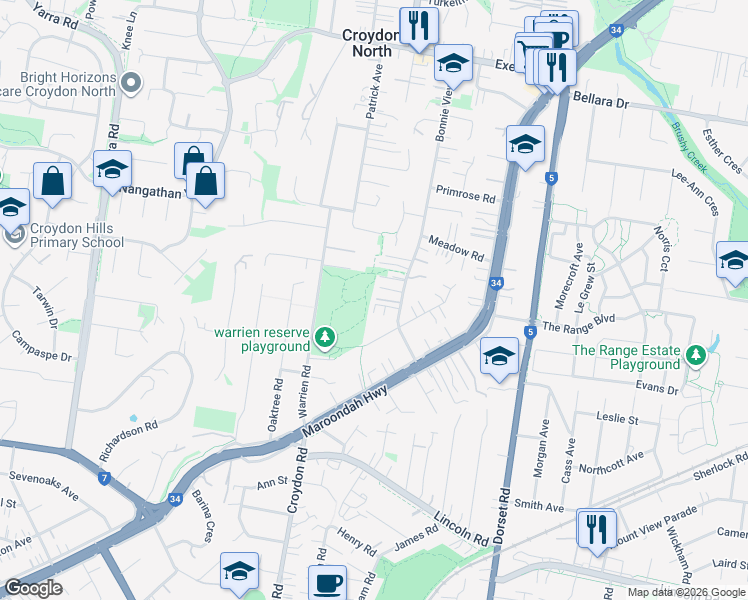 map of restaurants, bars, coffee shops, grocery stores, and more near 7 Bonnie View Road in Croydon North