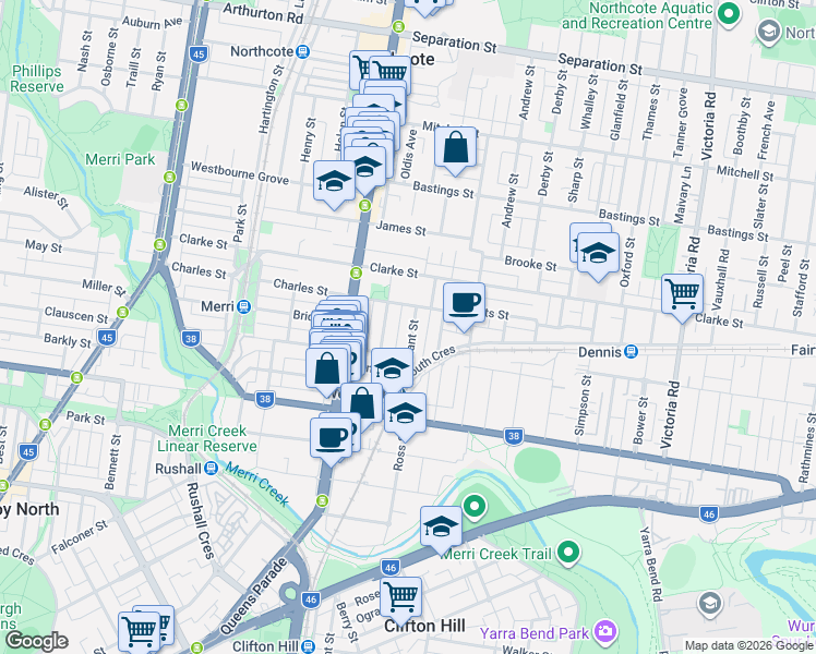 map of restaurants, bars, coffee shops, grocery stores, and more near 19 Plant Street in Northcote