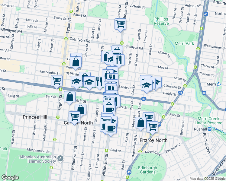map of restaurants, bars, coffee shops, grocery stores, and more near 37 Nicholson Street in Brunswick East