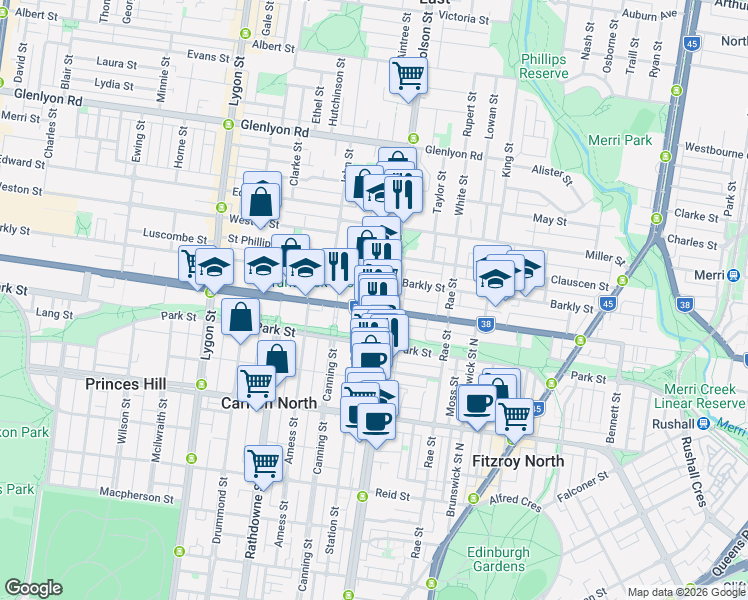 map of restaurants, bars, coffee shops, grocery stores, and more near 1 Brunswick Road in Brunswick East
