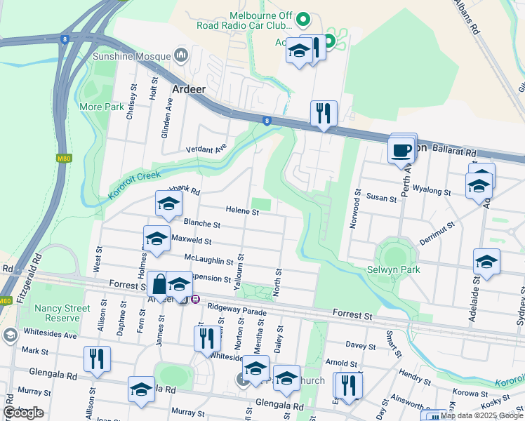 map of restaurants, bars, coffee shops, grocery stores, and more near 8-14 Helene Street in Ardeer