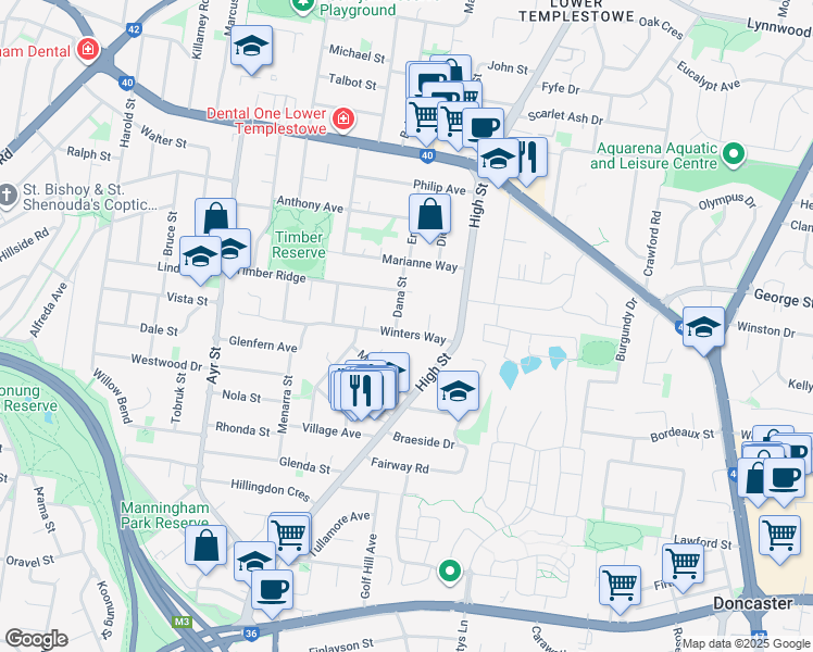 map of restaurants, bars, coffee shops, grocery stores, and more near 11 Winters Way in Manningham