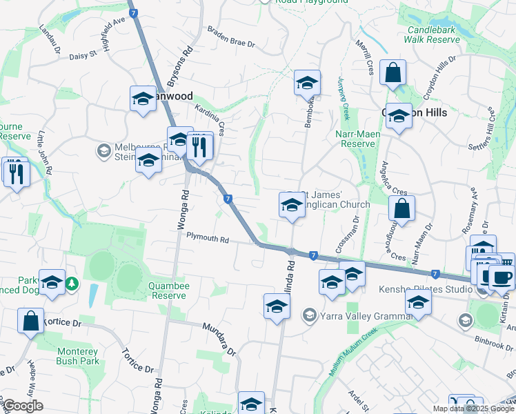 map of restaurants, bars, coffee shops, grocery stores, and more near 22 Warranwood Road in Warranwood