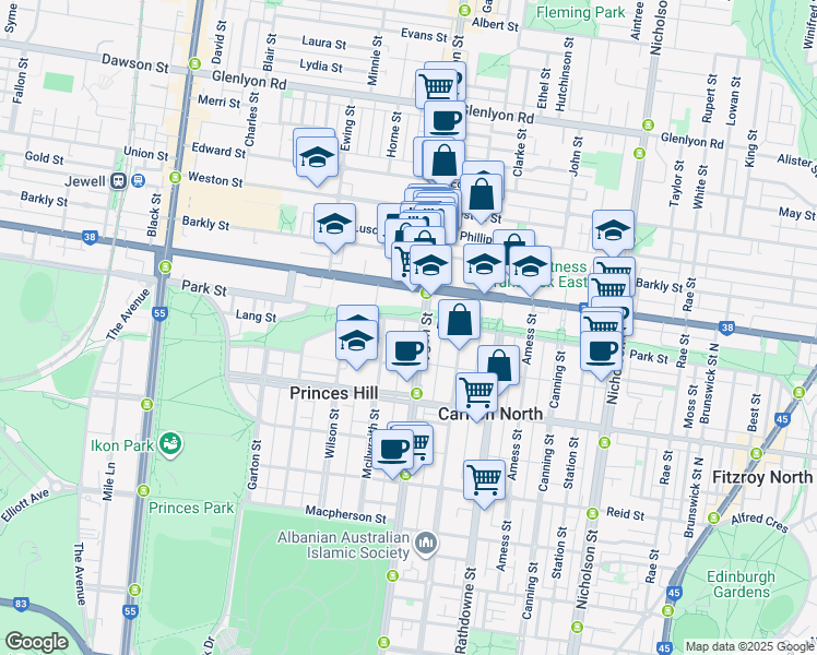 map of restaurants, bars, coffee shops, grocery stores, and more near 494 Park Street in Princes Hill