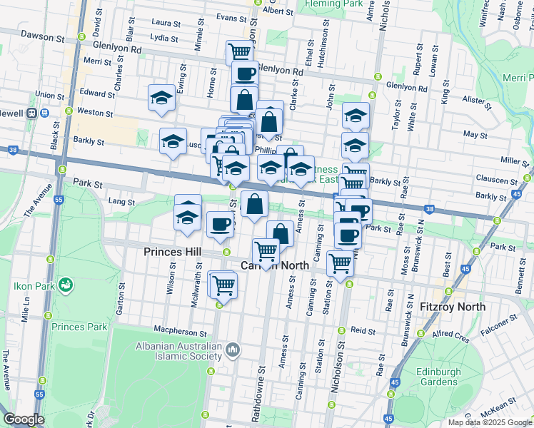 map of restaurants, bars, coffee shops, grocery stores, and more near 1044 Drummond Street in Carlton North