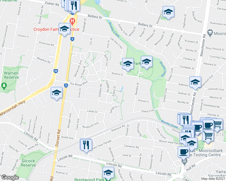 map of restaurants, bars, coffee shops, grocery stores, and more near 54 Evans Drive in Croydon