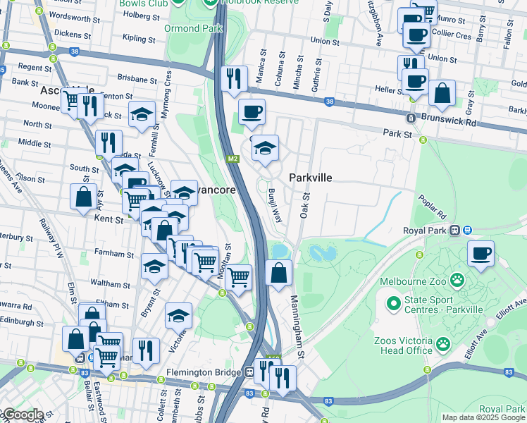 map of restaurants, bars, coffee shops, grocery stores, and more near 51 Galada Avenue in Parkville