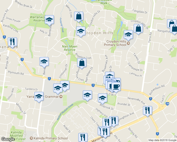 map of restaurants, bars, coffee shops, grocery stores, and more near 19 Narr-Maen Drive in Croydon Hills