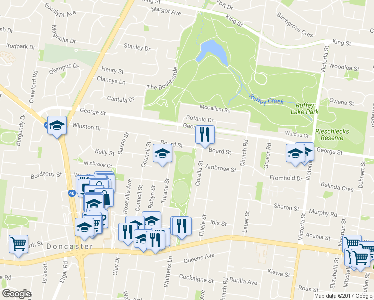 map of restaurants, bars, coffee shops, grocery stores, and more near 49 Board Street in Manningham
