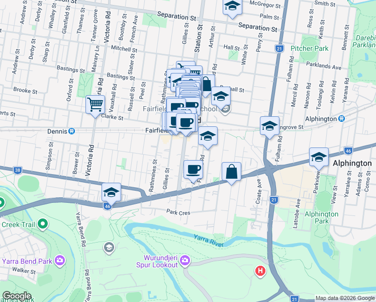 map of restaurants, bars, coffee shops, grocery stores, and more near 61A Station Street in Fairfield