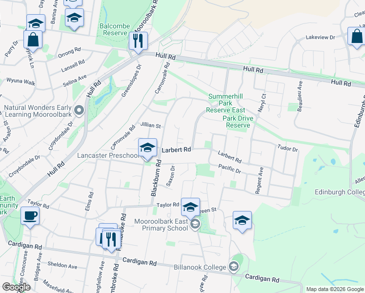 map of restaurants, bars, coffee shops, grocery stores, and more near 13 Larbert Road in Mooroolbark