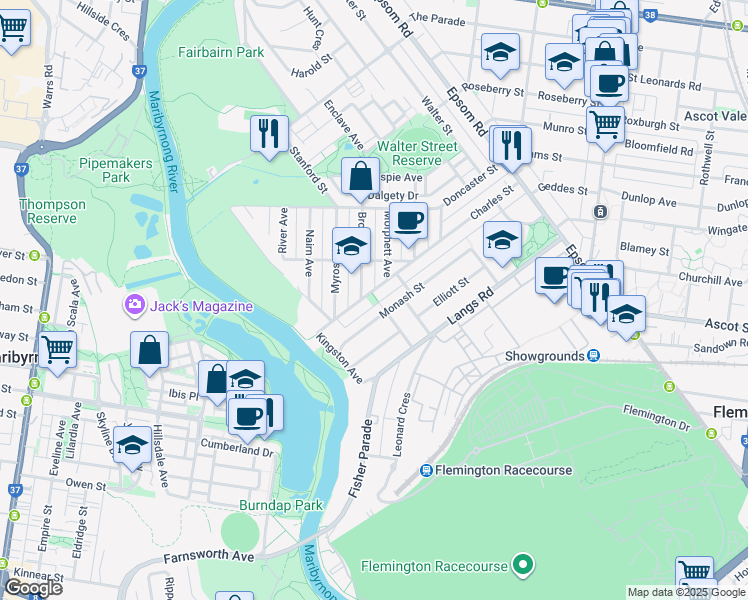 map of restaurants, bars, coffee shops, grocery stores, and more near 101 Charles Street in Ascot Vale