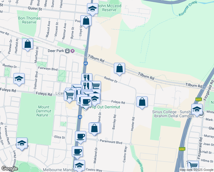 map of restaurants, bars, coffee shops, grocery stores, and more near 163 Radnor Drive in Deer Park
