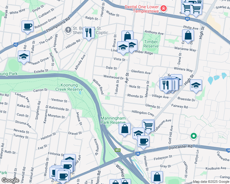 map of restaurants, bars, coffee shops, grocery stores, and more near 2 Tobruk Street in Bulleen