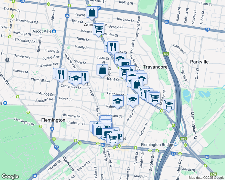 map of restaurants, bars, coffee shops, grocery stores, and more near 6-10 Farnham Court in Flemington