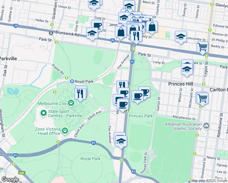 map of restaurants, bars, coffee shops, grocery stores, and more near 212 The Avenue in Parkville