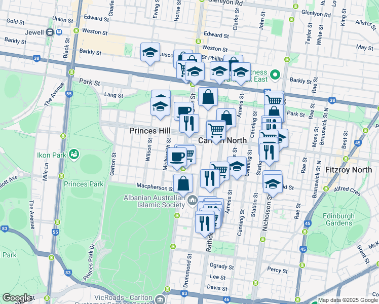 map of restaurants, bars, coffee shops, grocery stores, and more near 980 Lygon Street in Carlton North