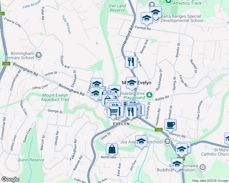 map of restaurants, bars, coffee shops, grocery stores, and more near 2 Gardner Parade in Mount Evelyn