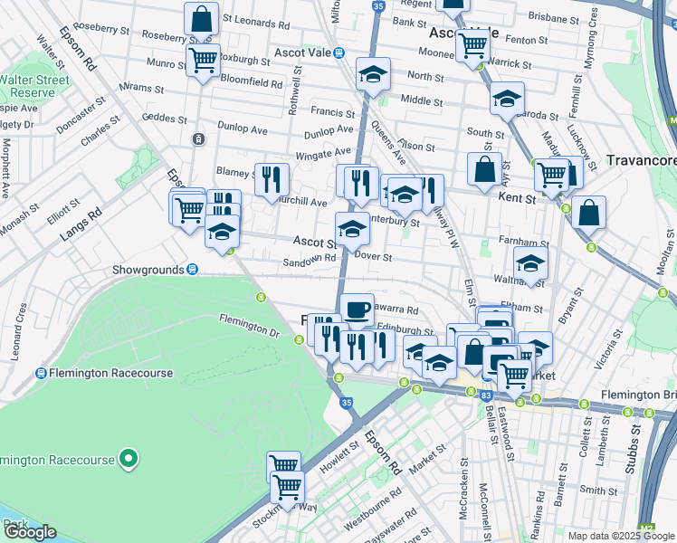 map of restaurants, bars, coffee shops, grocery stores, and more near 37 Ascot Vale Road in Ascot Vale