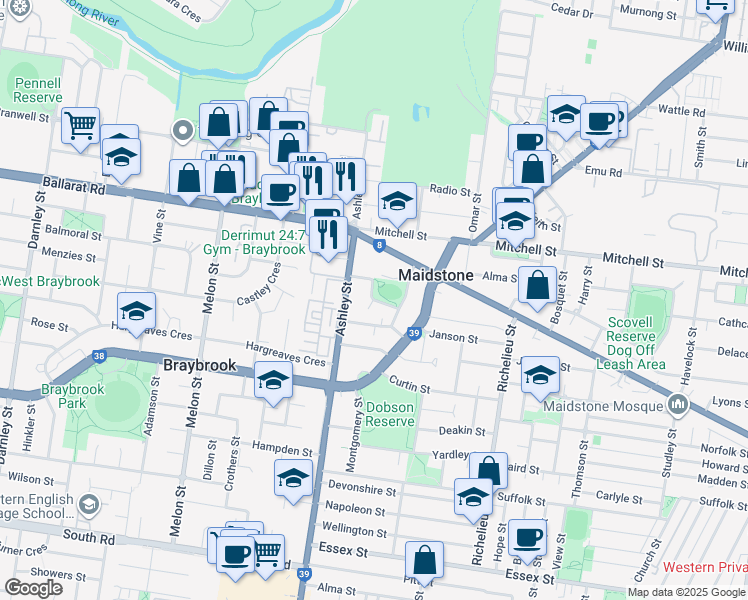 map of restaurants, bars, coffee shops, grocery stores, and more near Powell Crescent in Maidstone