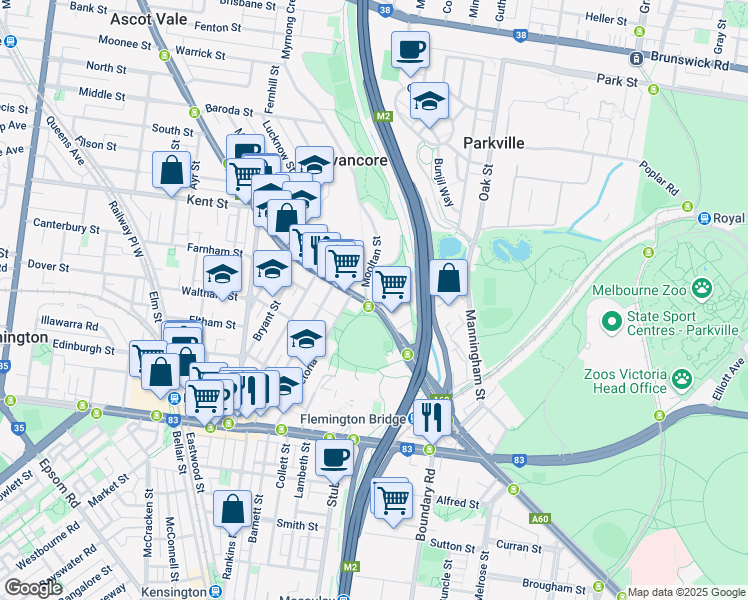 map of restaurants, bars, coffee shops, grocery stores, and more near 88 Mount Alexander Road in Travancore