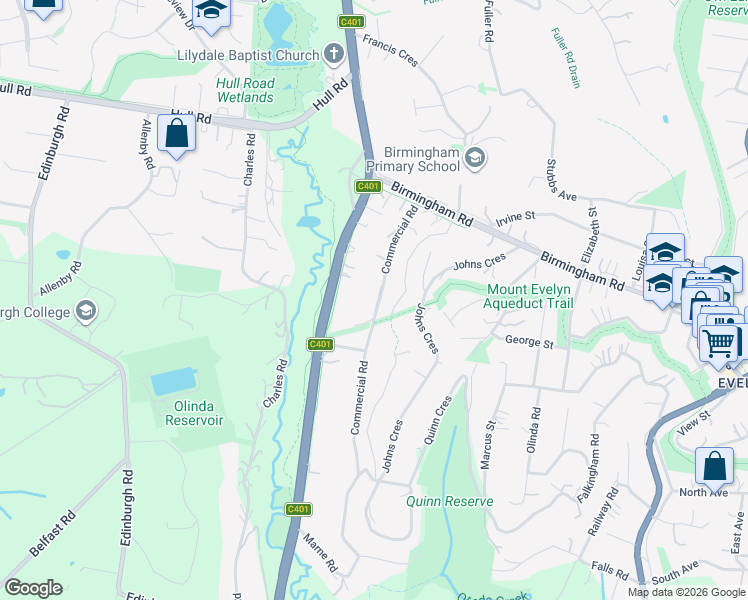 map of restaurants, bars, coffee shops, grocery stores, and more near 31 Commercial Road in Mount Evelyn