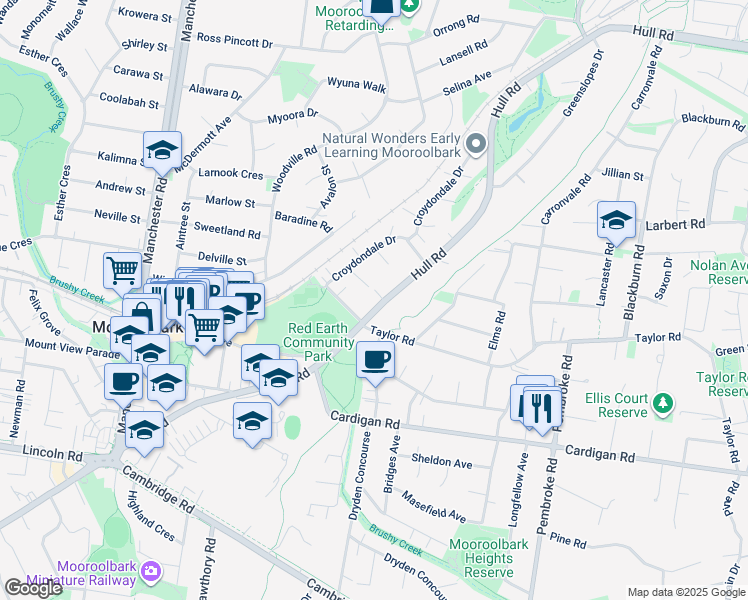 map of restaurants, bars, coffee shops, grocery stores, and more near 309 Hull Road in Mooroolbark
