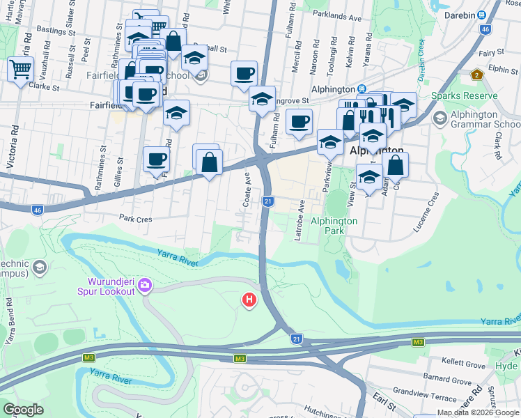 map of restaurants, bars, coffee shops, grocery stores, and more near 23 Coate Avenue in Alphington