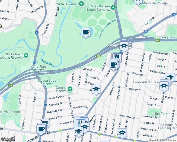 map of restaurants, bars, coffee shops, grocery stores, and more near 16 Orion Street in Balwyn North