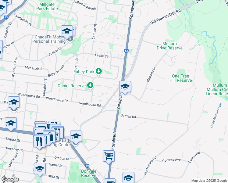 map of restaurants, bars, coffee shops, grocery stores, and more near 53 Old Warrandyte Road in Donvale